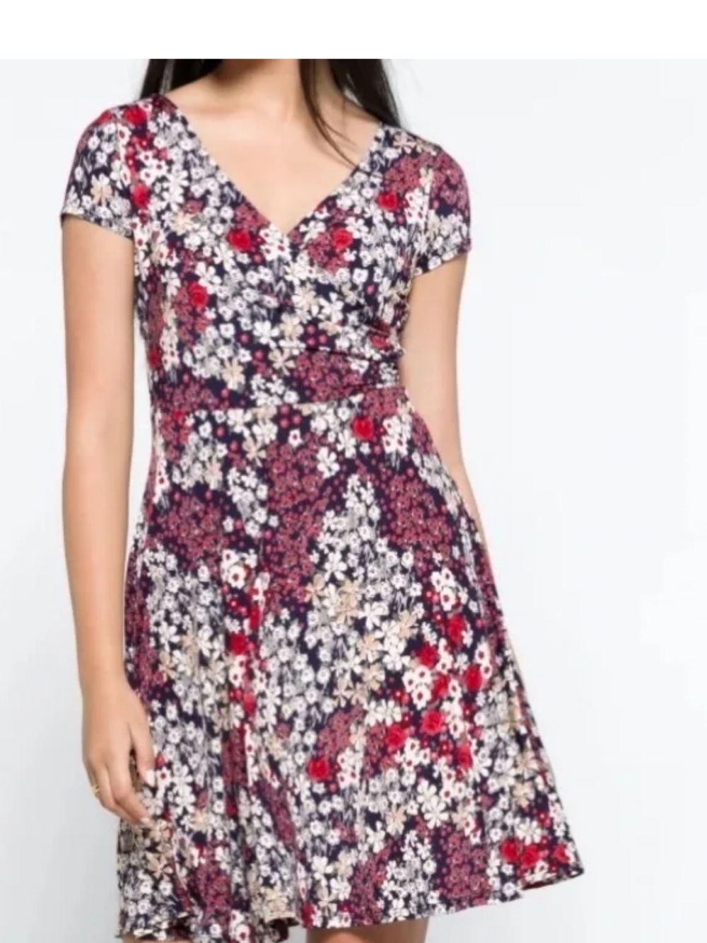 Kaileigh Floral V-Neck Fit & Flare Dress in Navy, Red, White